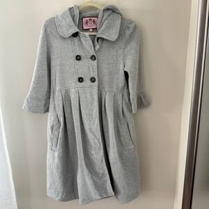 Juicy Couture Y2K Grey Fleece Hooded Peacoat Pleated Babydoll Jacket Size M